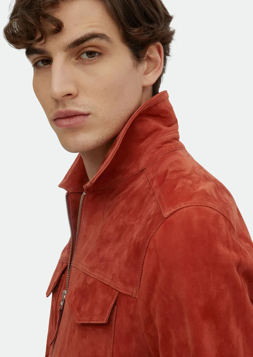 Turuncu Regular Fit Dik Yaka Casual Süet Deri Mont - 5