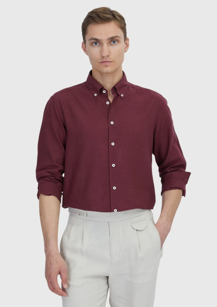 Vermilion Plain Casual Fit Weaving Casual Cotton Blended Shirt - RAMSEY