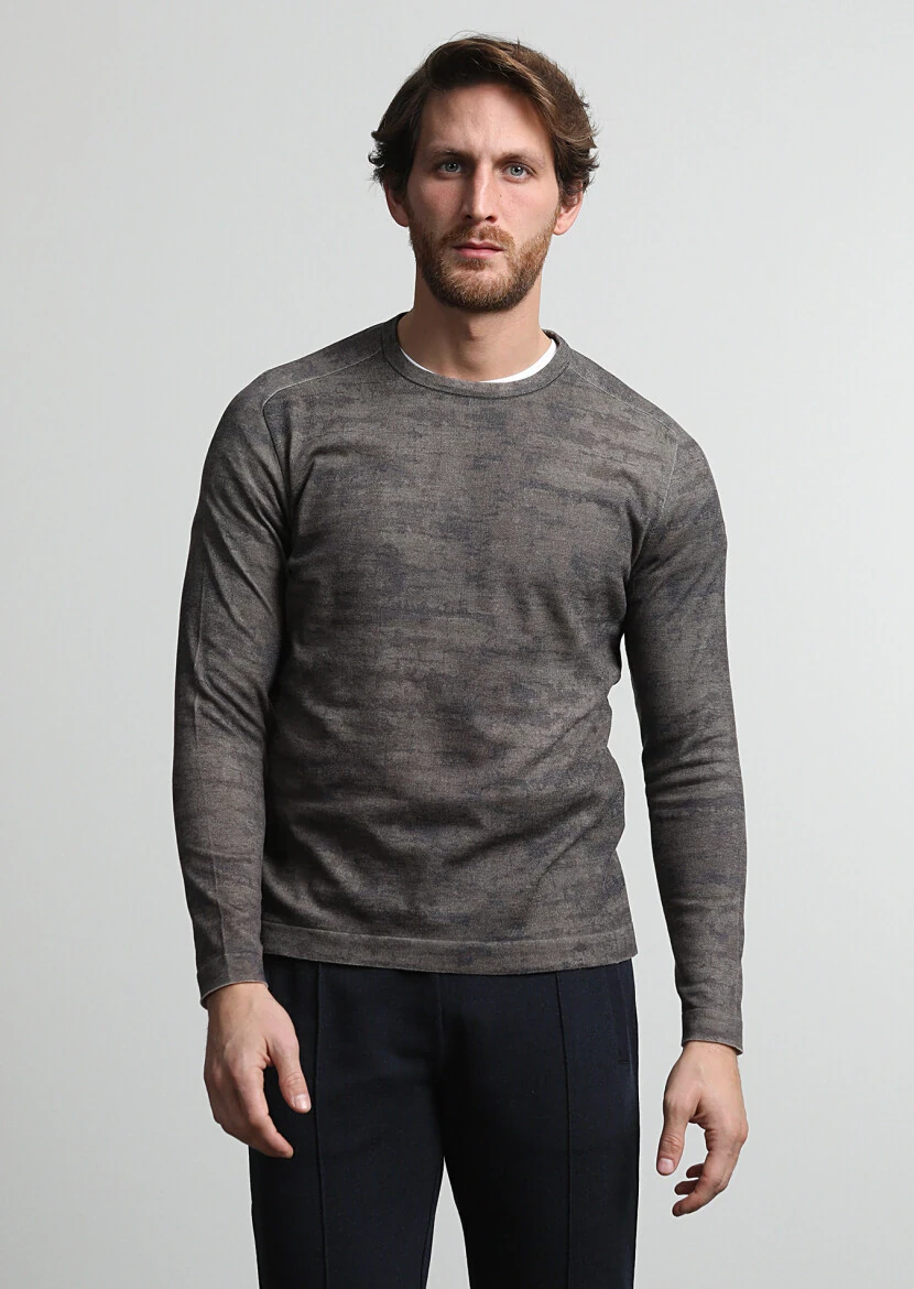 Vizon Bisiklet Yaka Jakarlı Pamuk Karışımlı Triko Kazak - 1