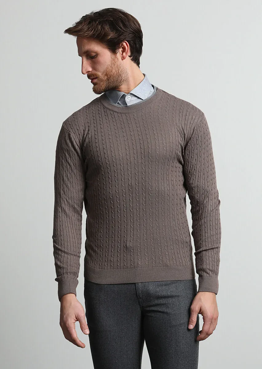 Vizon Bisiklet Yaka Saç Örgü Pamuk Karışımlı Triko Kazak - 1