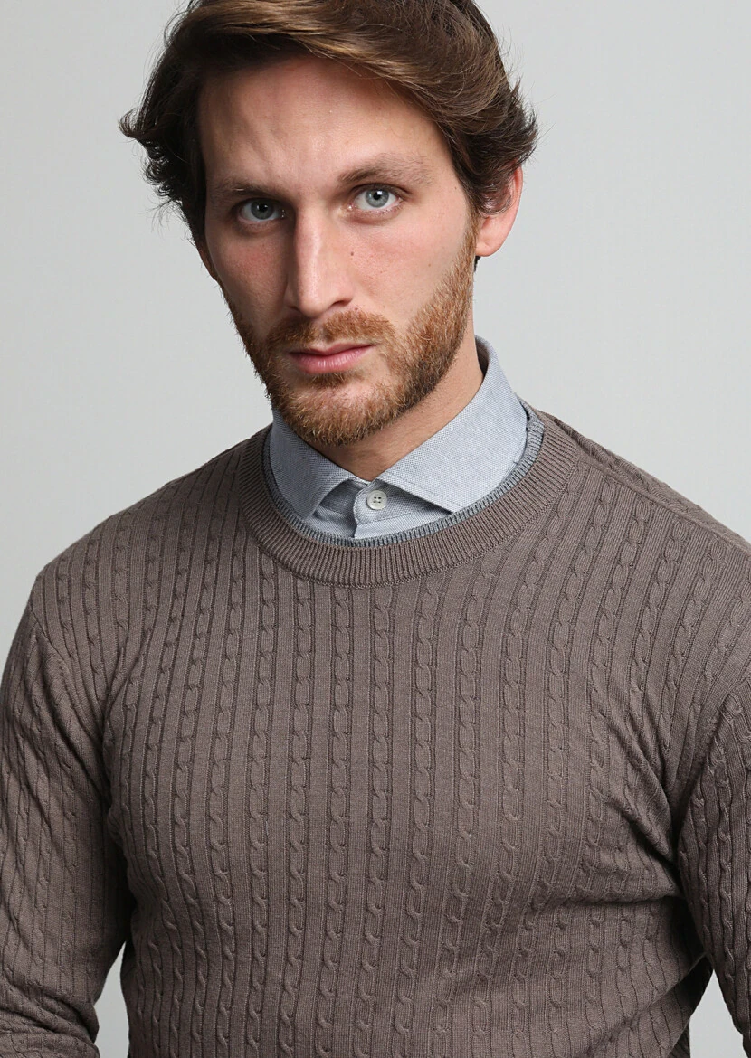 Vizon Bisiklet Yaka Saç Örgü Pamuk Karışımlı Triko Kazak - 2