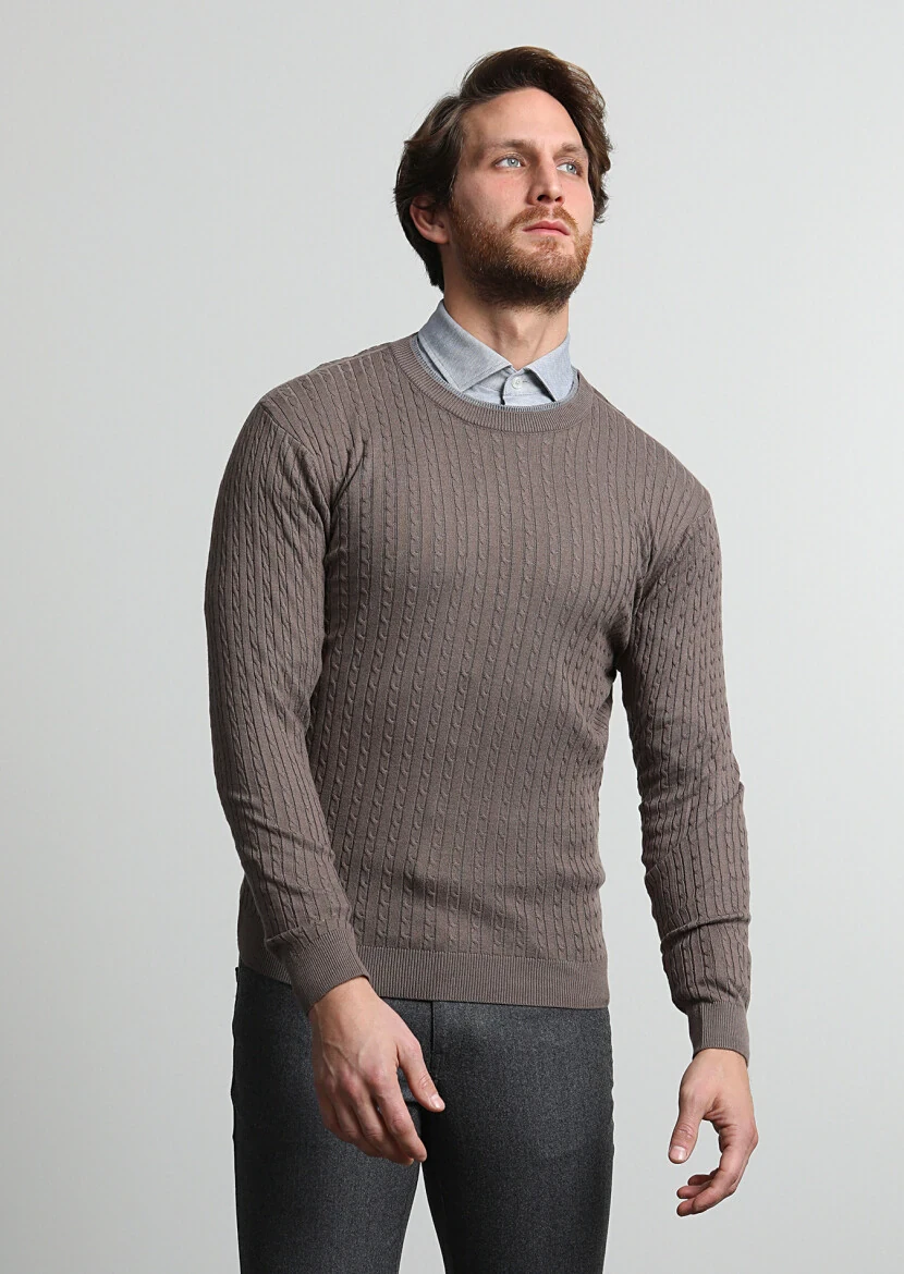 Vizon Bisiklet Yaka Saç Örgü Pamuk Karışımlı Triko Kazak - 3