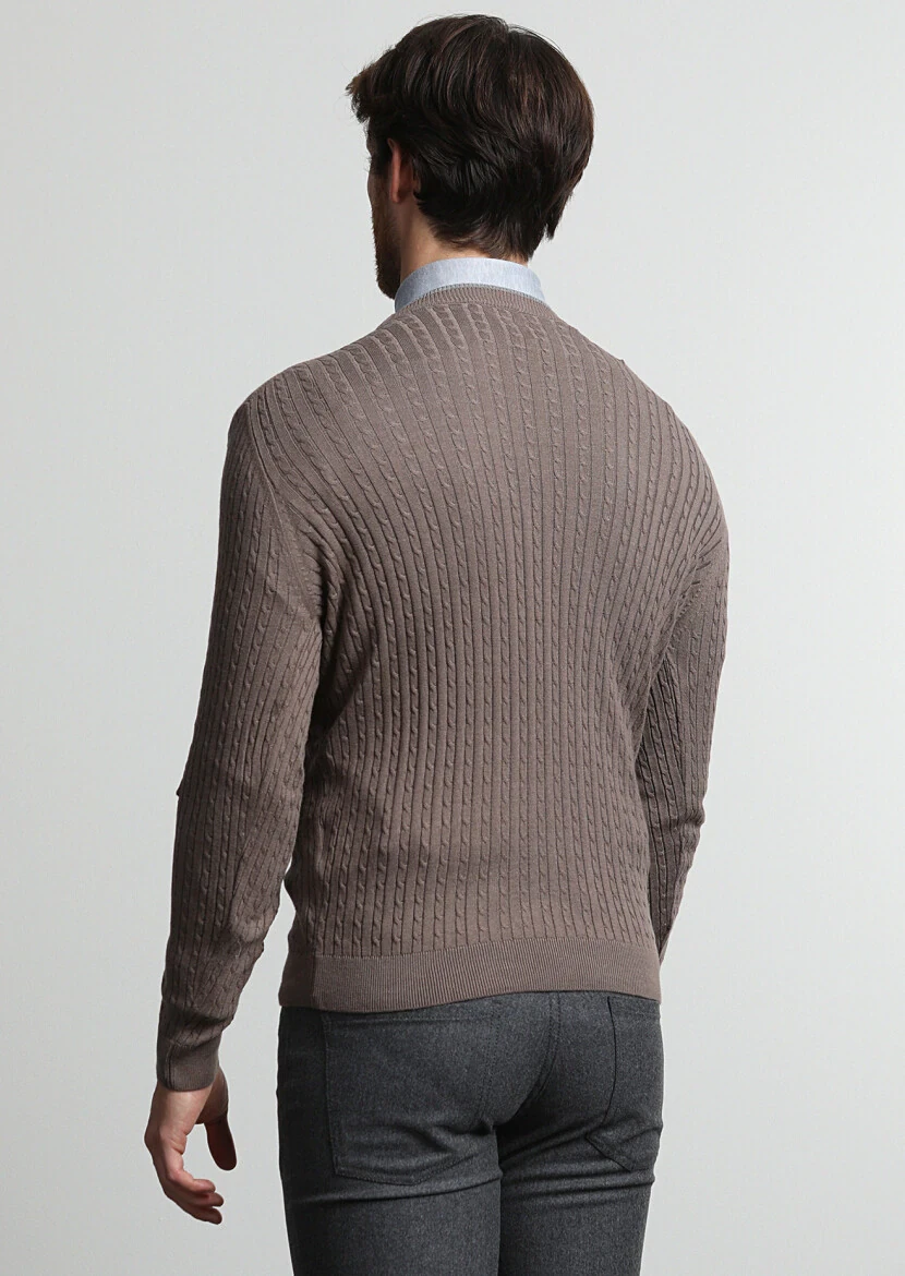 Vizon Bisiklet Yaka Saç Örgü Pamuk Karışımlı Triko Kazak - 4