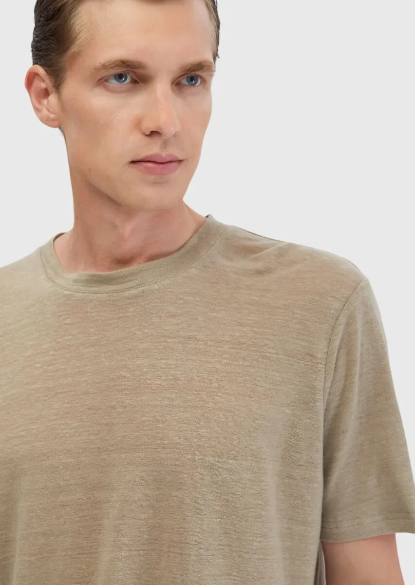 Vizon Düz Bisiklet Yaka %100 Keten T-Shirt - 3