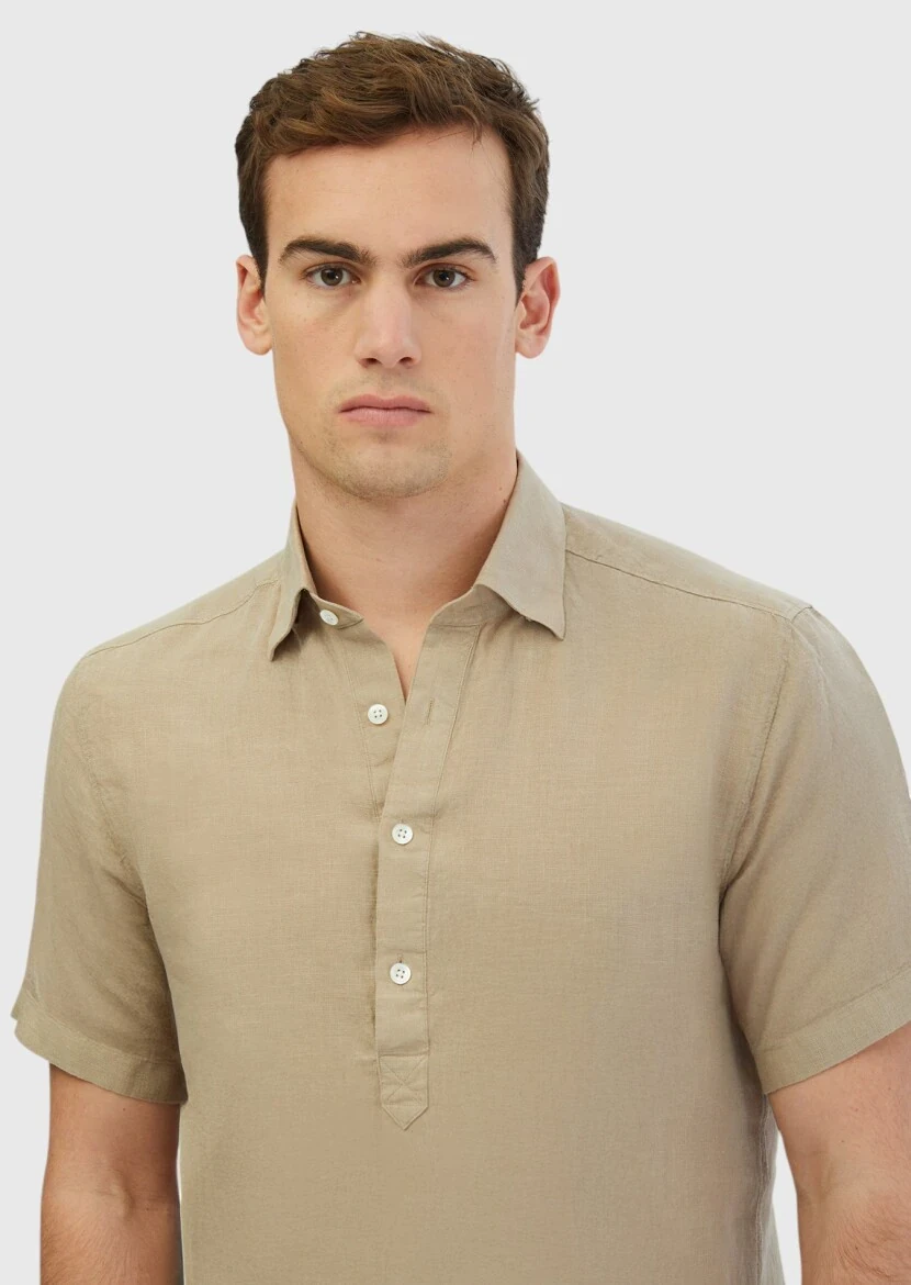 Vizon Düz Casual Fit Dokuma Casual %100 Keten Gömlek - 3