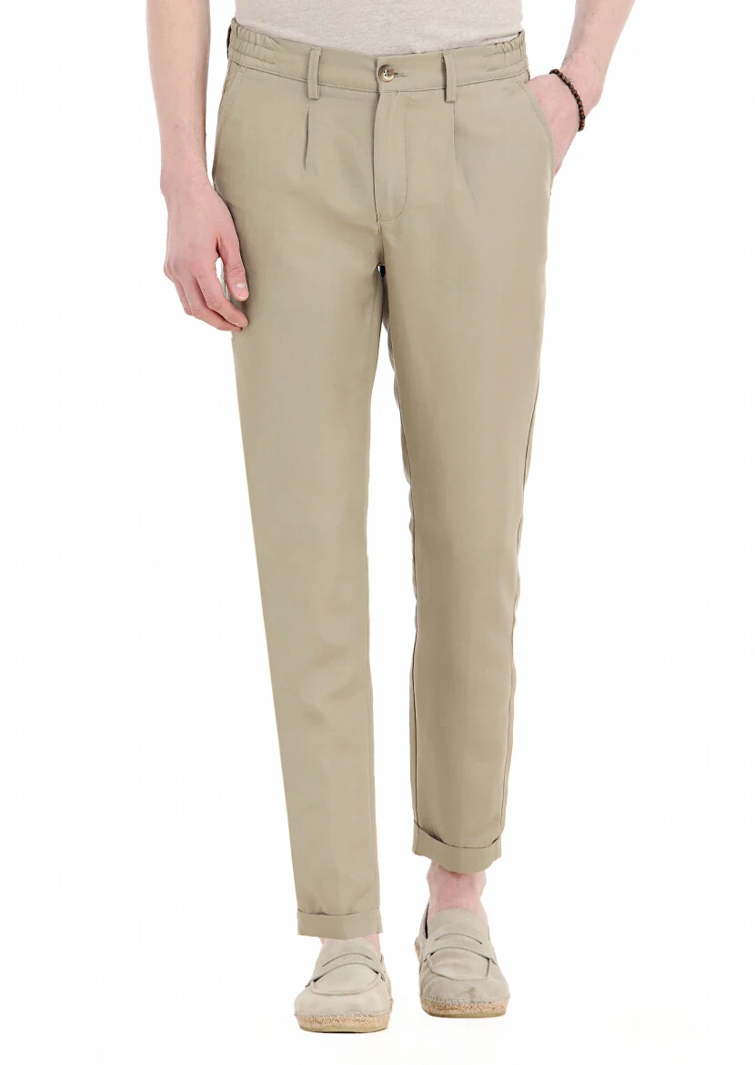 Vizon Düz Dokuma Jogging Fit Casual Keten Karışımlı Pantolon 