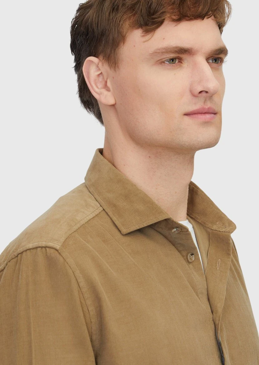 Vizon Düz Dokuma Kadife Casual %100 Pamuk Gömlek - 4