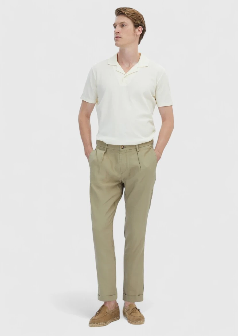 Vizon Düz Dokuma Regular Fit Casual Keten Karışımlı Pantolon - 1