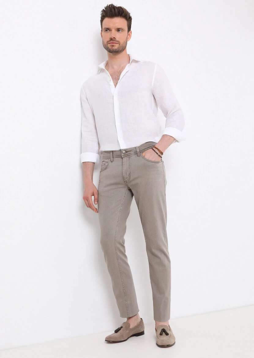 Vizon Düz Slim Fit Denim Pamuk Karışımlı Pantolon - 1