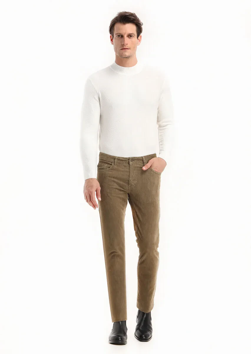 Vizon Fitilli Dokuma Slim Fit Kadife Casual Pamuk Karışımlı Pantolon - 1