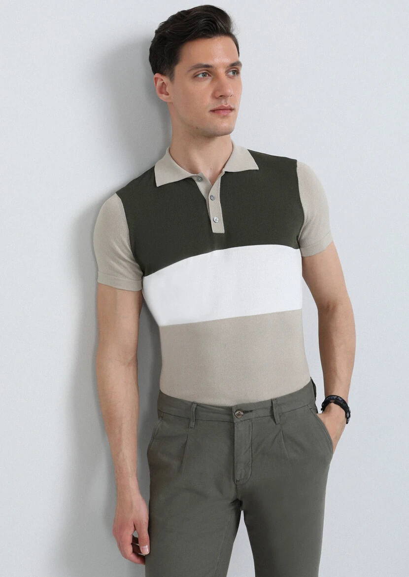 Vizon Polo Yaka Düz Örgü Triko Kazak - 1