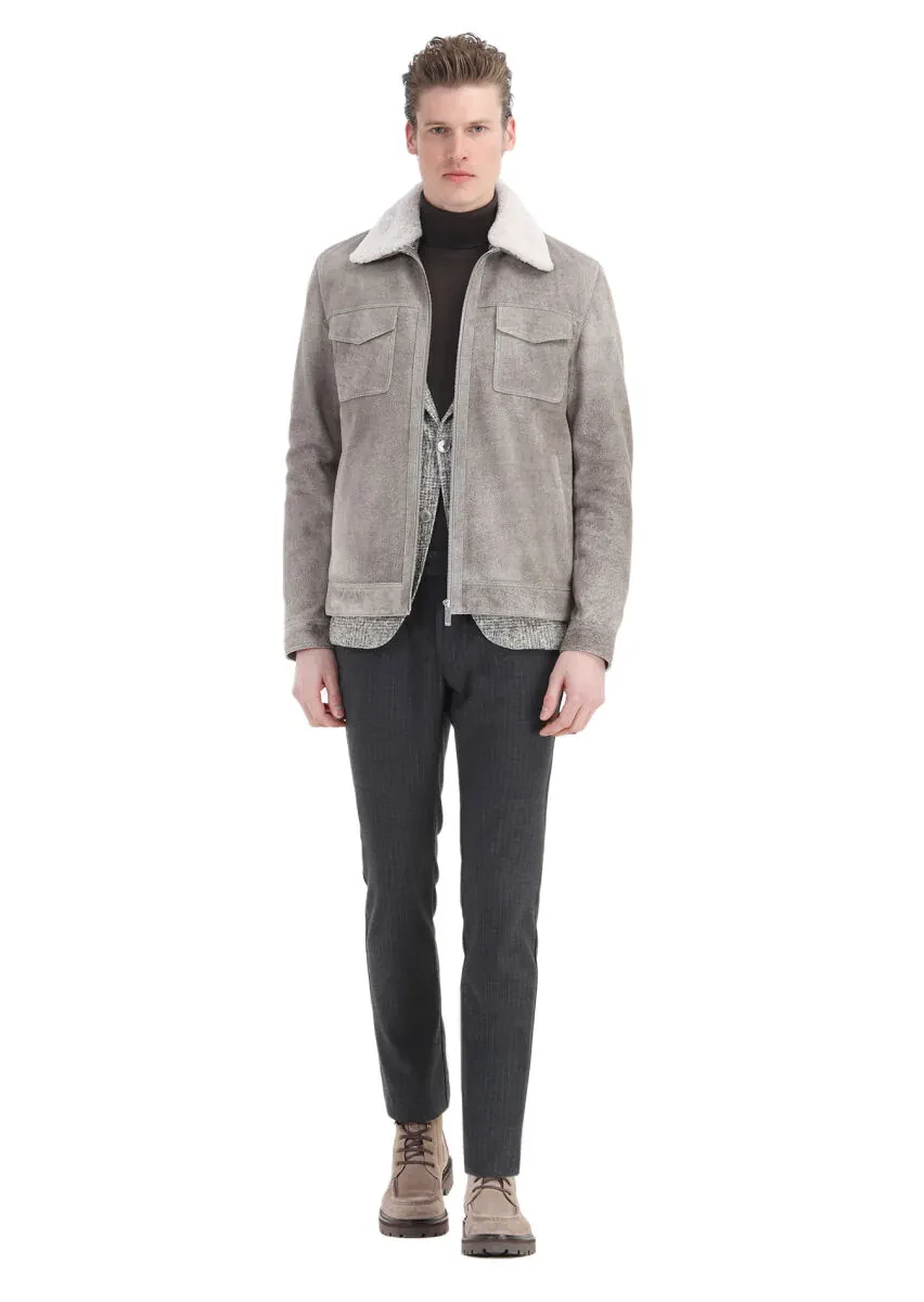 Vizon Regular Fit Gömlek Yaka Casual Süet Deri Mont - 2