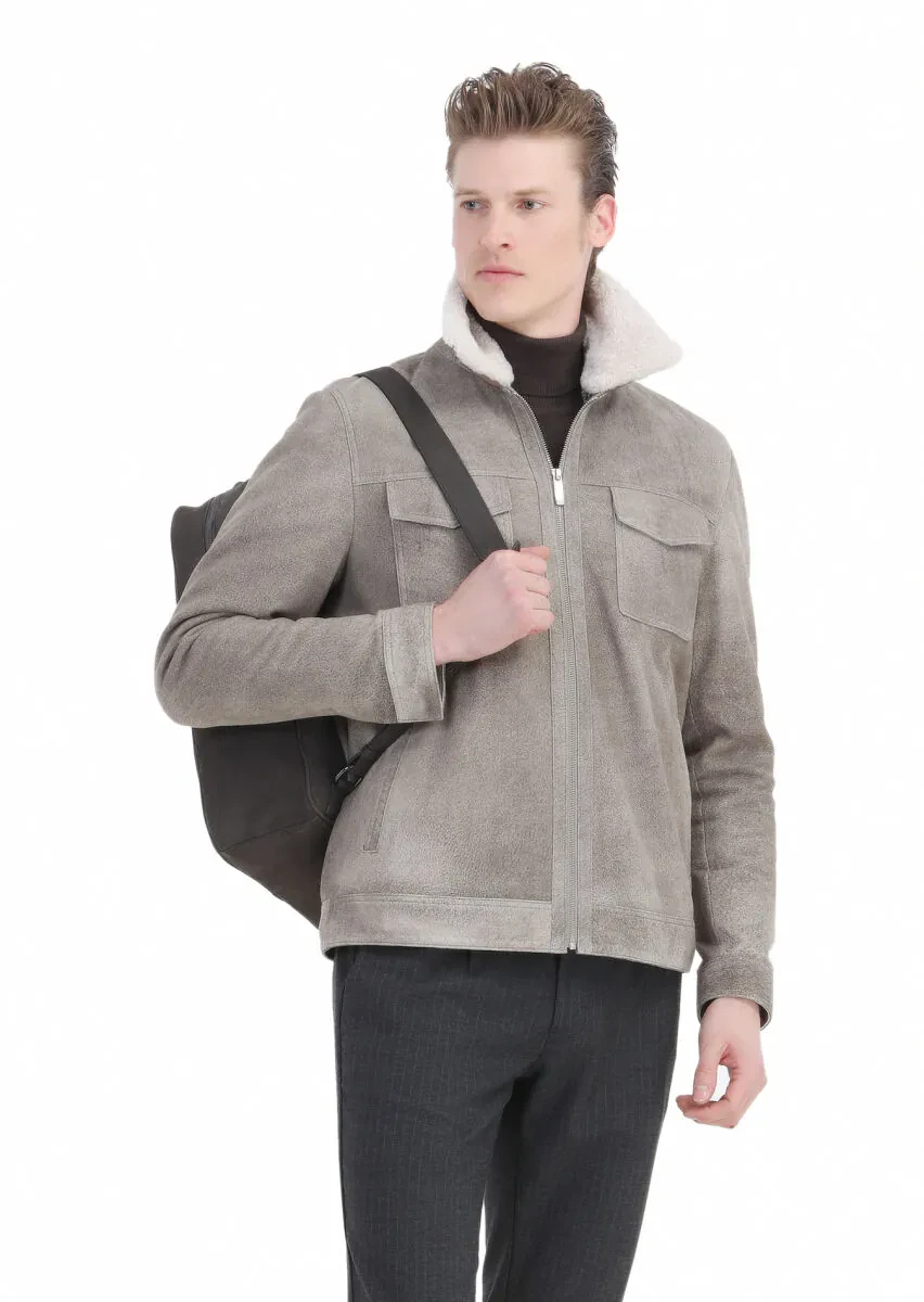 Vizon Regular Fit Gömlek Yaka Casual Süet Deri Mont - 5