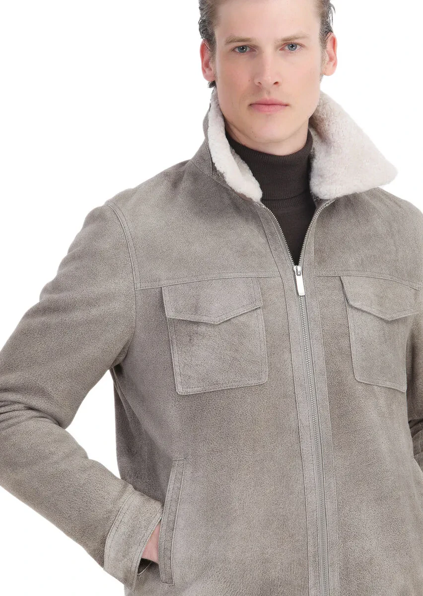 Vizon Regular Fit Gömlek Yaka Casual Süet Deri Mont - 6