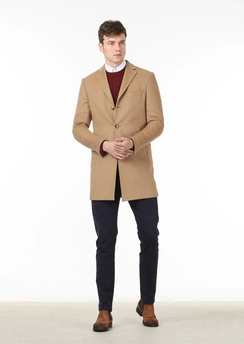 Vizon Regular Fit Kelebek Yaka Klasik Dokuma Palto - 3