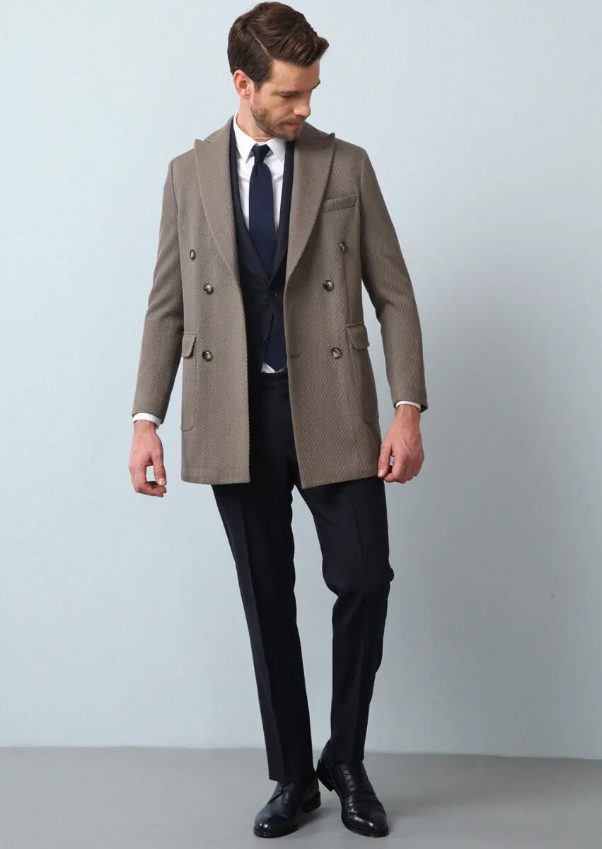 Vizon Regular Fit Kruvaze Yaka Casual Dokuma Palto - 4