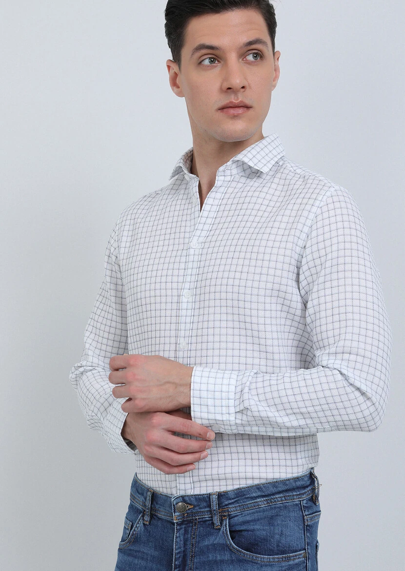 White Checkered Regular Fit Weaving Classical 100% Cotton Shirt - 2