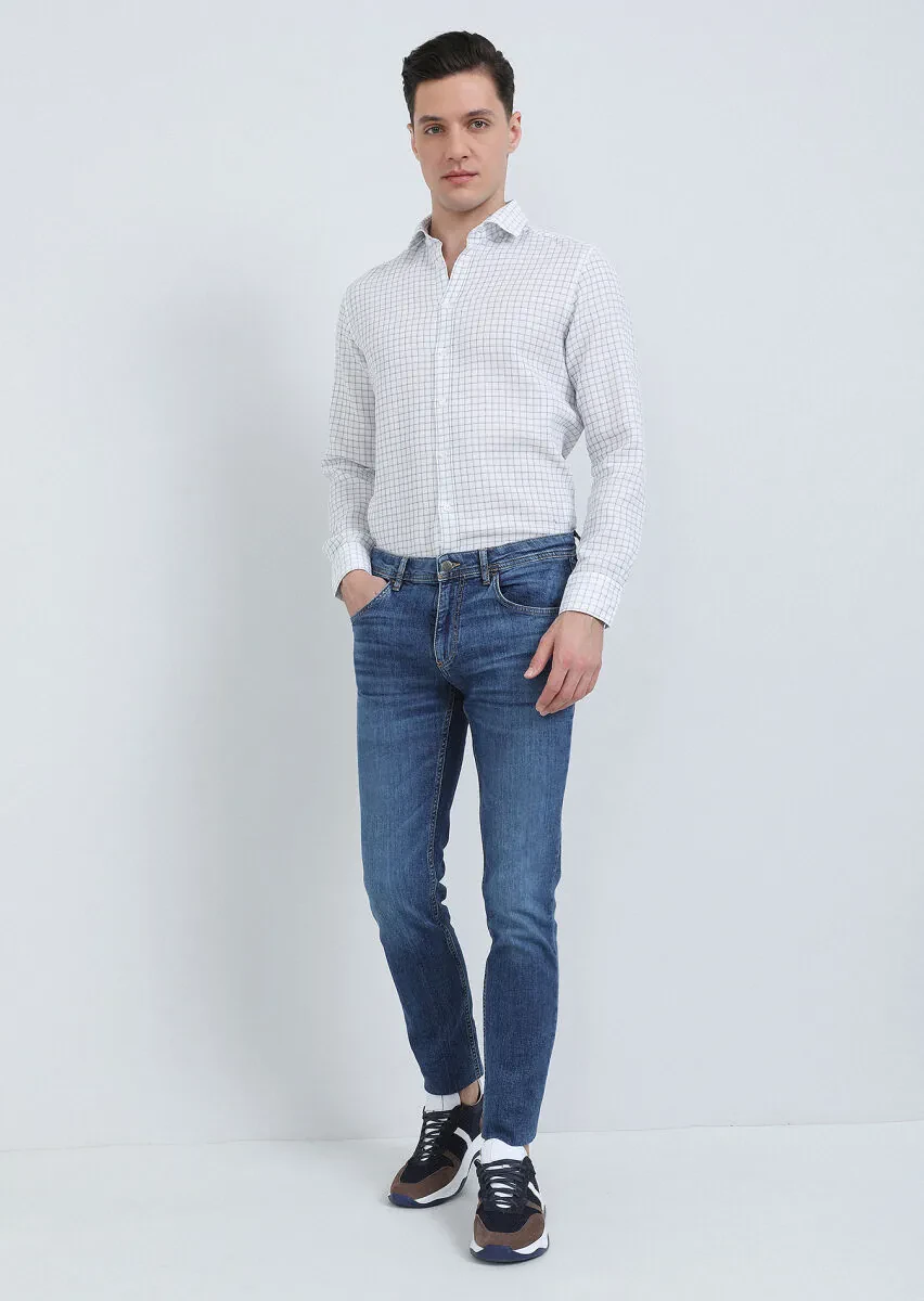 White Checkered Regular Fit Weaving Classical 100% Cotton Shirt - 3