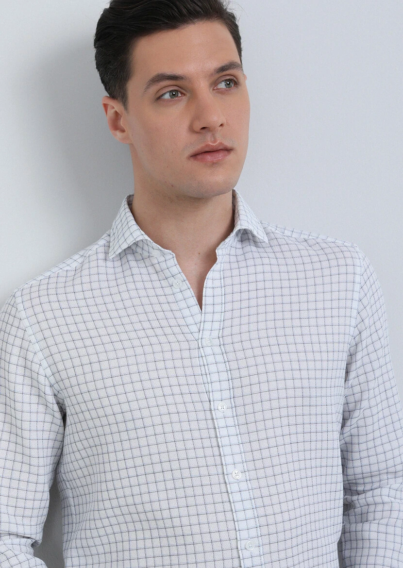 White Checkered Regular Fit Weaving Classical 100% Cotton Shirt - 4