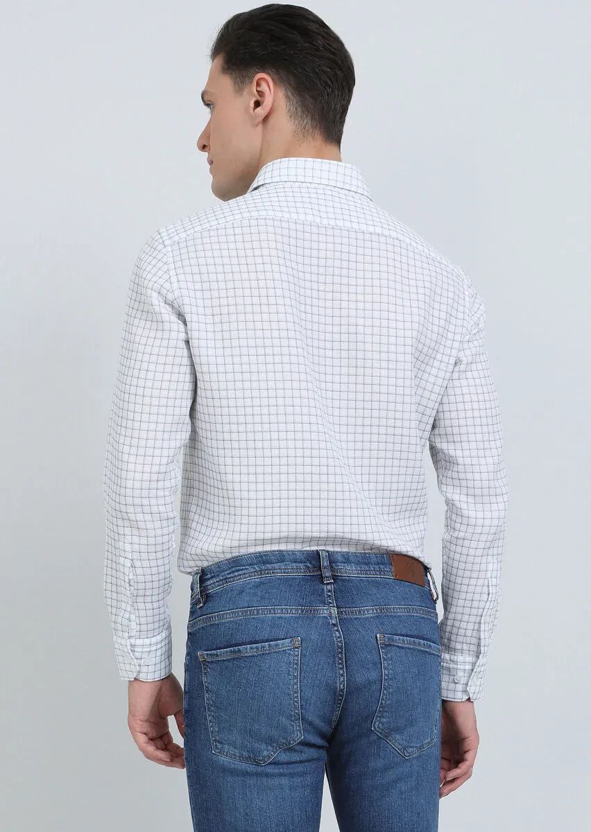 White Checkered Regular Fit Weaving Classical 100% Cotton Shirt - 5