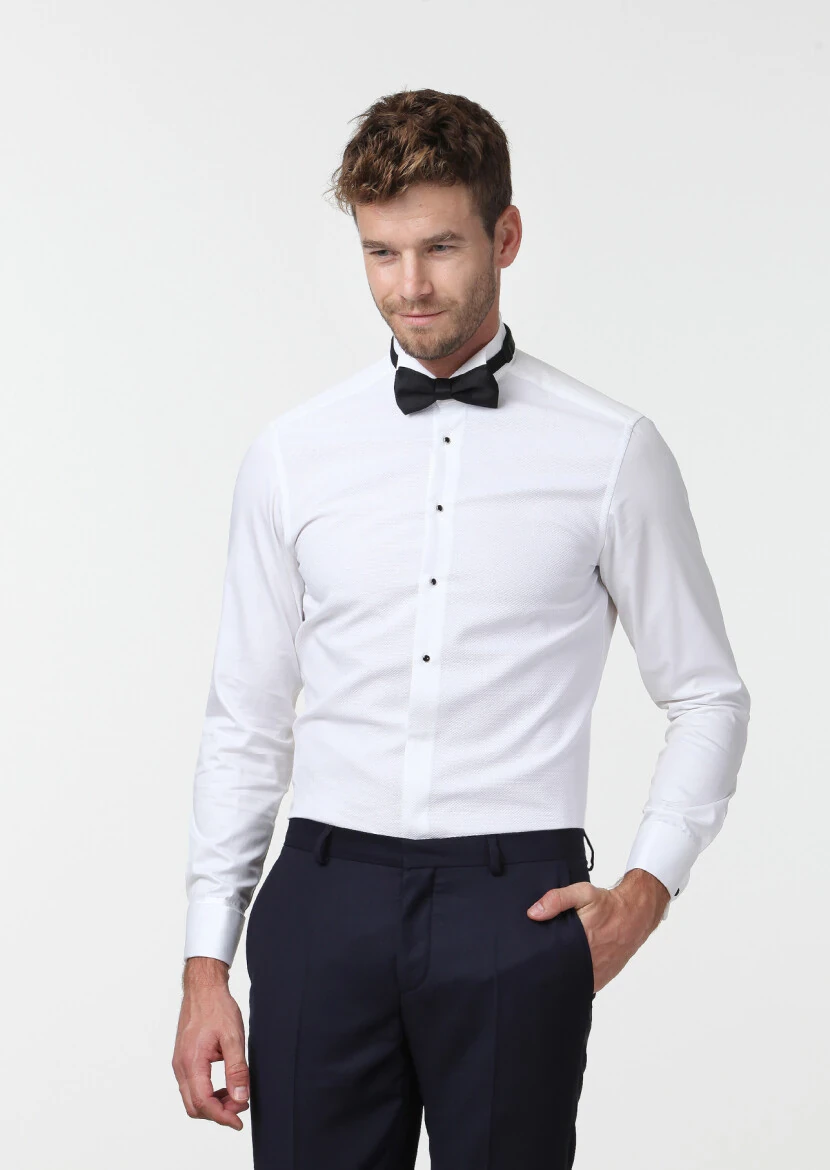 White Fitted Fit Double Cuff Wing Collar Tuxedo Shirts - RAMSEY