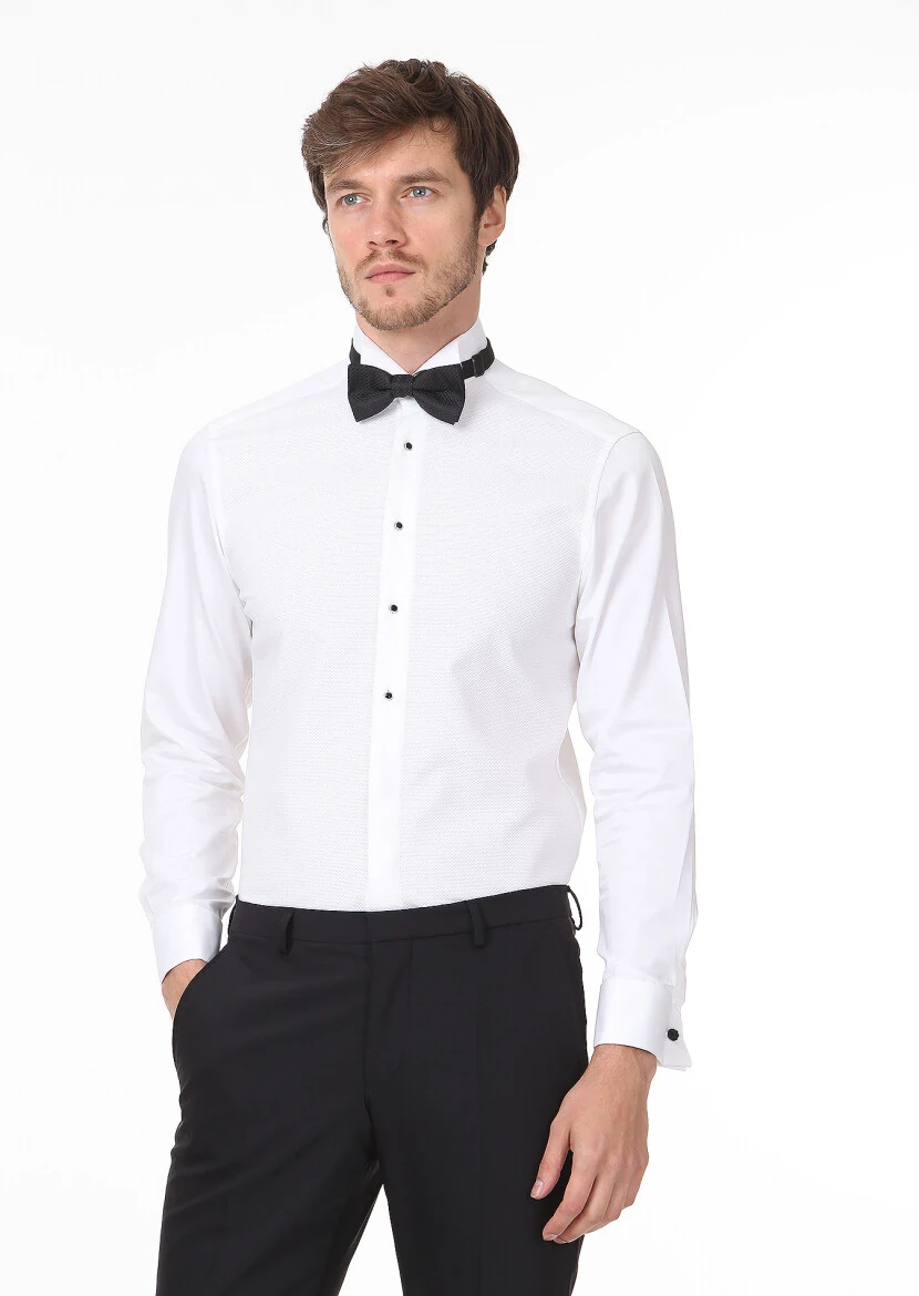 White Fitted Fit Double Cuff Wing Collar Tuxedo Shirts - RAMSEY