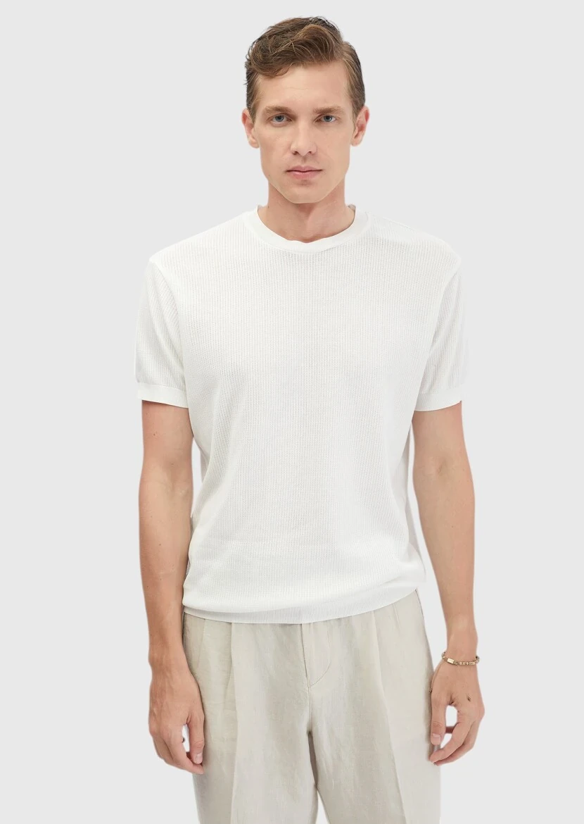 White Jacquard Crew Neck 100% Cotton T-Shirt - 1