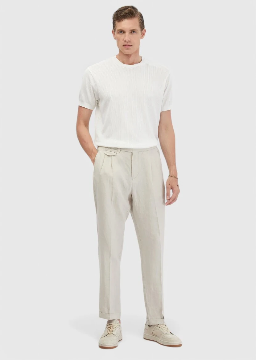 White Jacquard Crew Neck 100% Cotton T-Shirt - 2