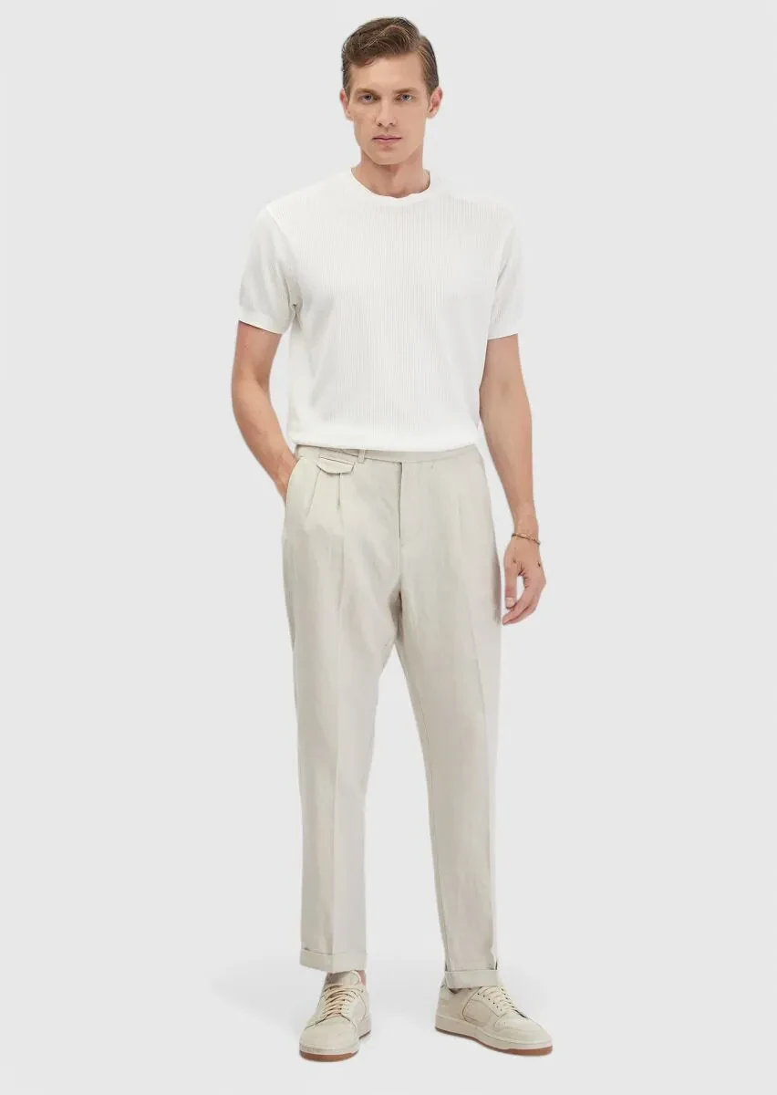 White Jacquard Crew Neck 100% Cotton T-Shirt - 2