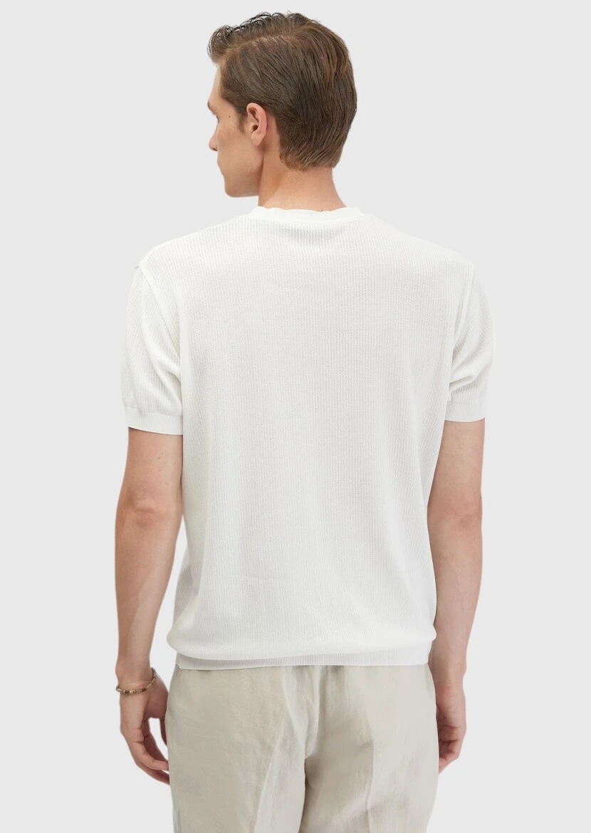 White Jacquard Crew Neck 100% Cotton T-Shirt - 6