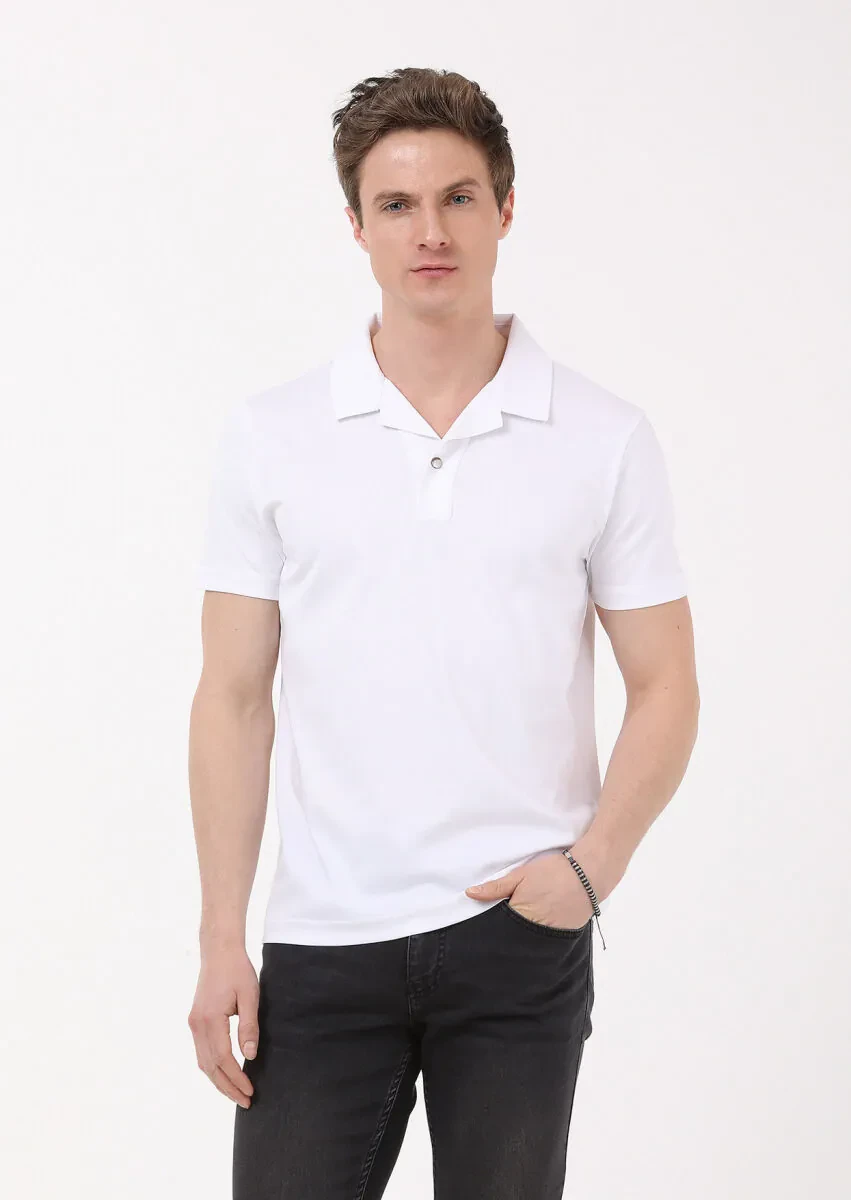 White Jacquard Cuban Collar 100% Cotton T-Shirt - 1