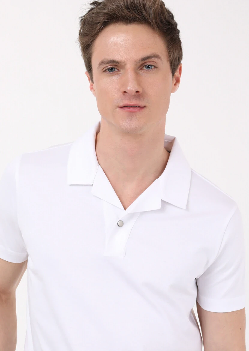 White Jacquard Cuban Collar 100% Cotton T-Shirt 