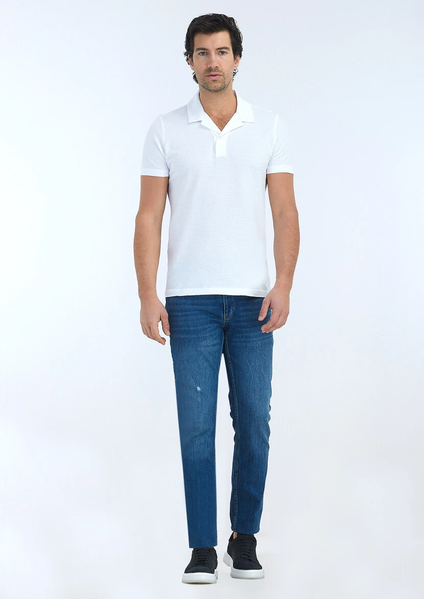 White Jacquard Cuban Collar 100% Cotton T-Shirt - 1