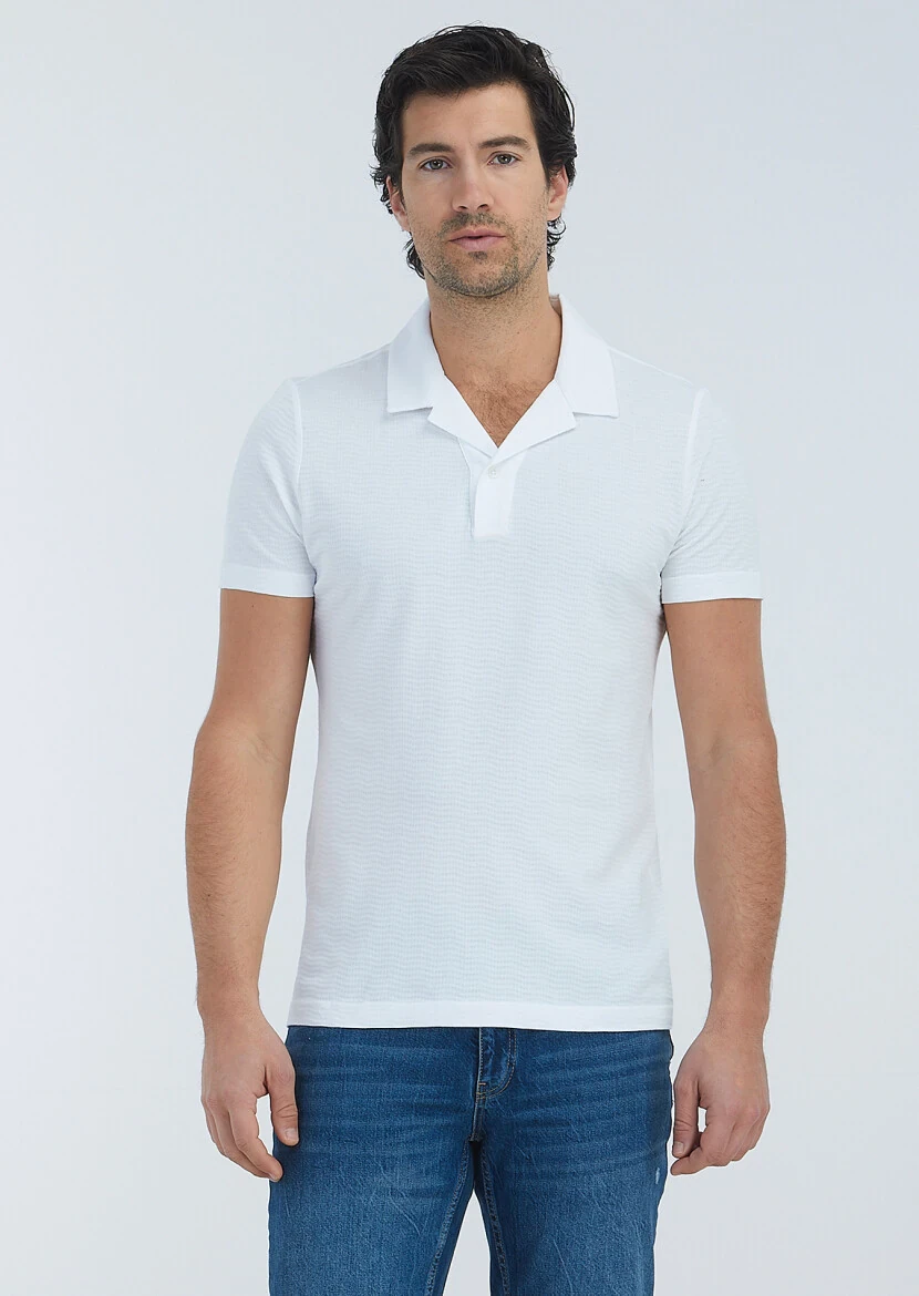 White Jacquard Cuban Collar 100% Cotton T-Shirt 
