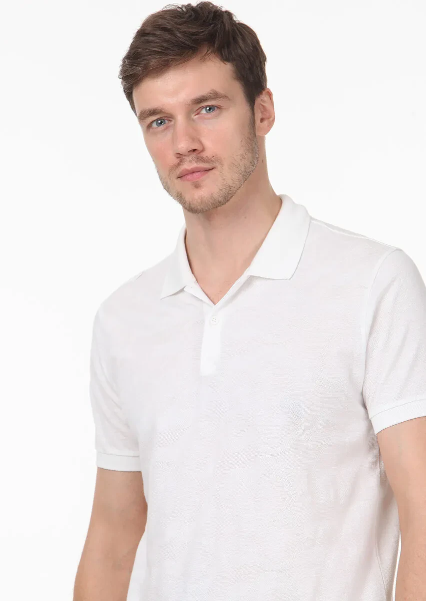 White Jacquard Polo Neck 100% Cotton T-Shirt - 2