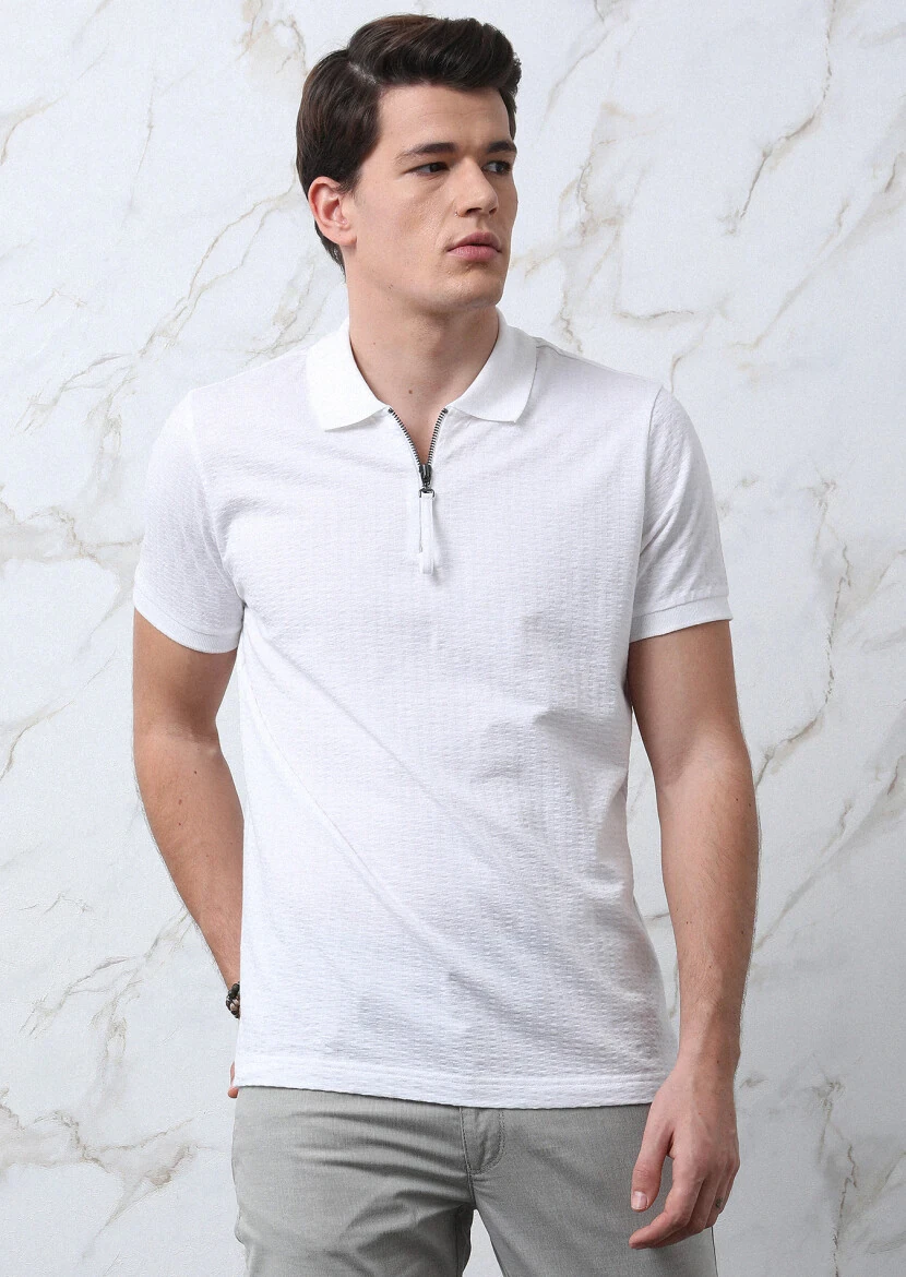 White Jacquard Polo Neck 100% Cotton T-Shirt - 1
