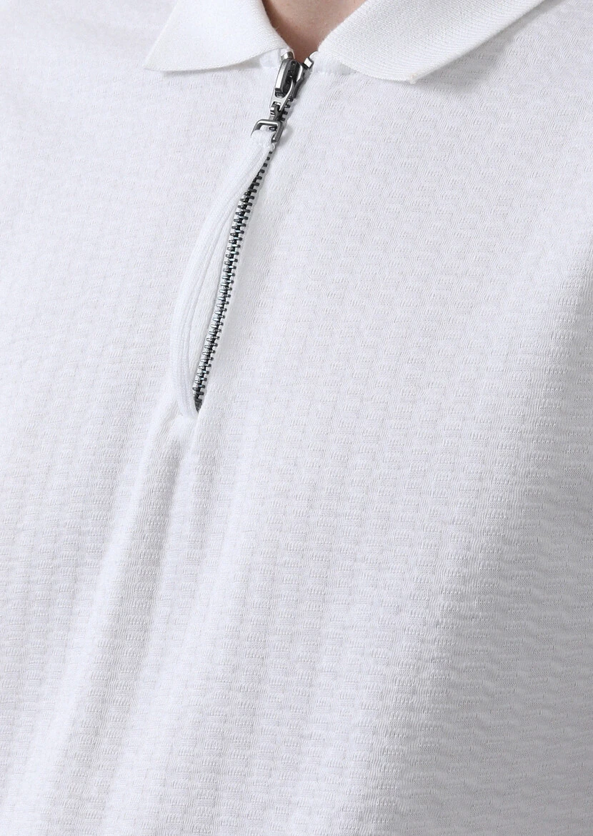 White Jacquard Polo Neck 100% Cotton T-Shirt - 4
