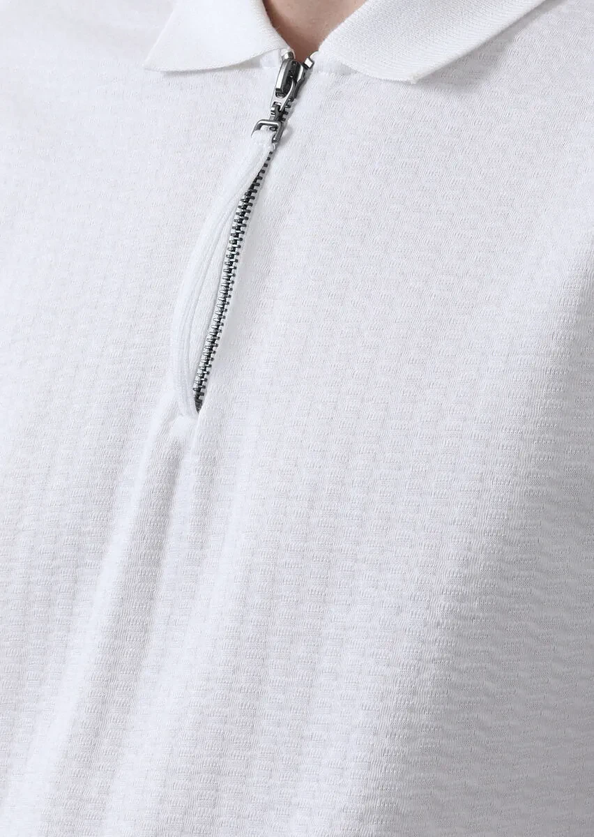 White Jacquard Polo Neck 100% Cotton T-Shirt - 4