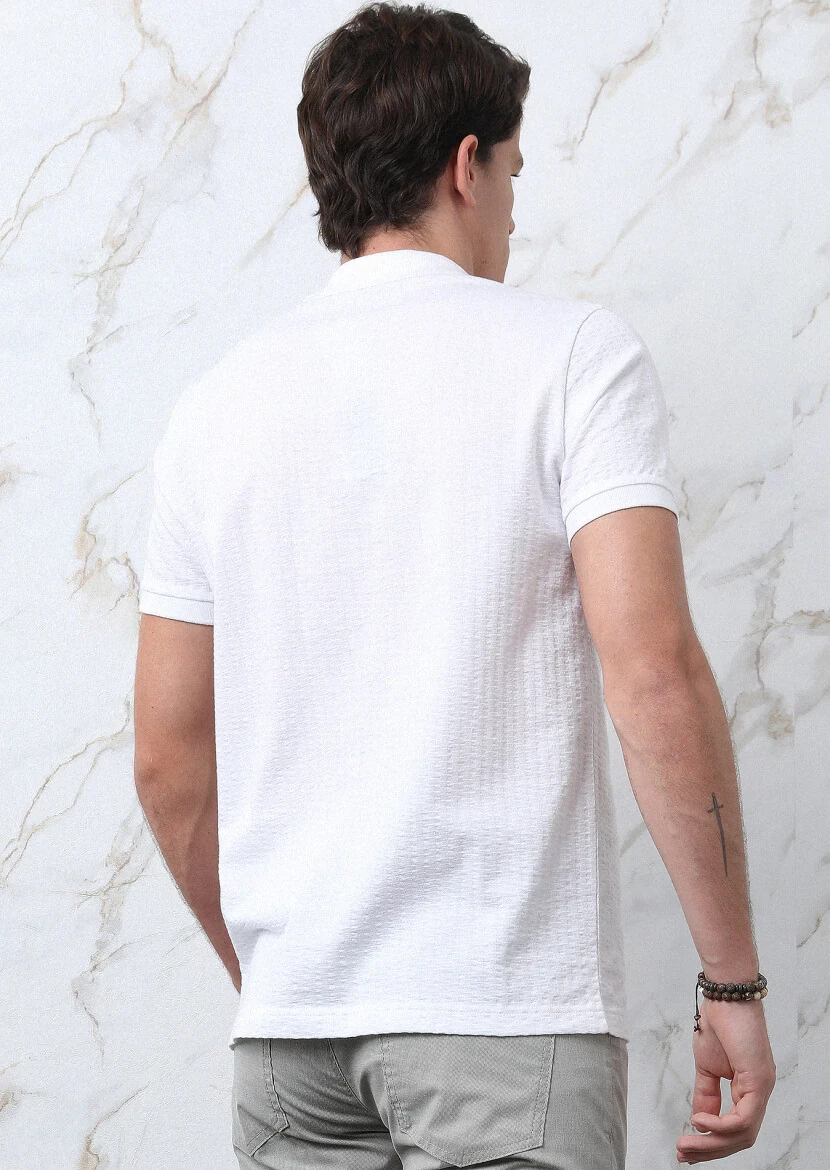White Jacquard Polo Neck 100% Cotton T-Shirt - 5