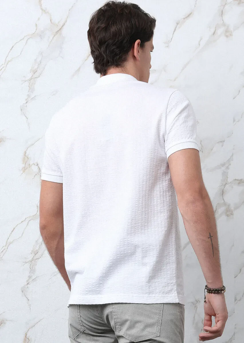 White Jacquard Polo Neck 100% Cotton T-Shirt - 5