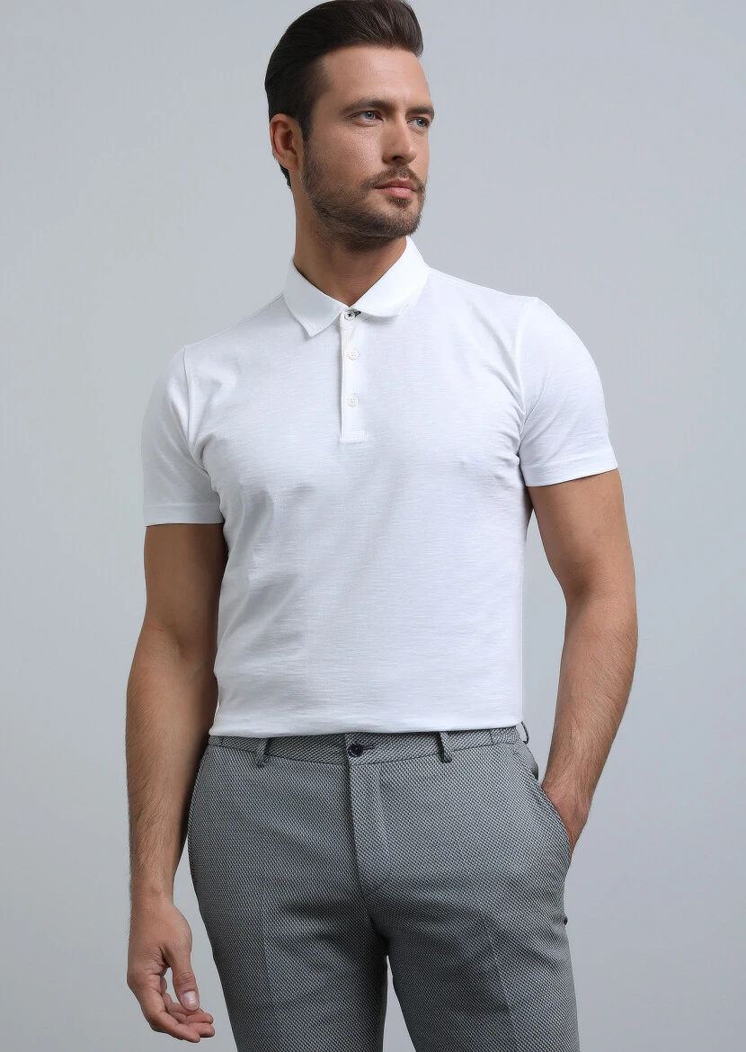 White Jacquard Polo Neck 100% Cotton T-Shirt 