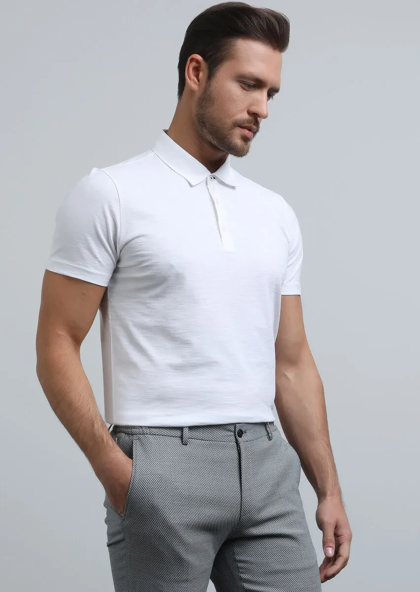 White Jacquard Polo Neck 100% Cotton T-Shirt - 4