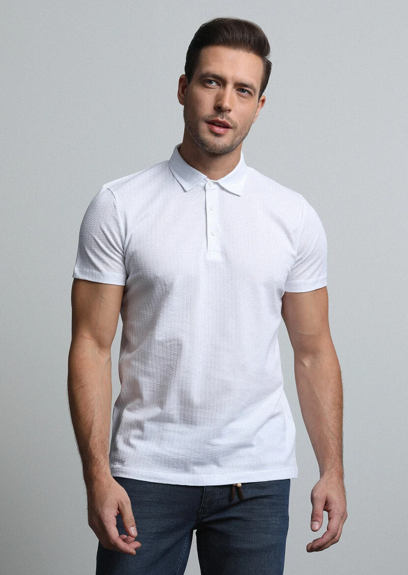 White Jacquard Polo Neck 100% Cotton T-Shirt - 3