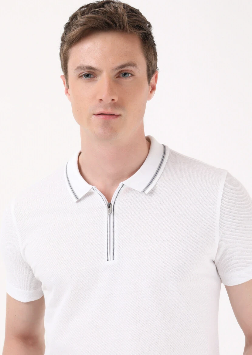 White Jacquard Polo Neck 100% Cotton T-Shirt - 1