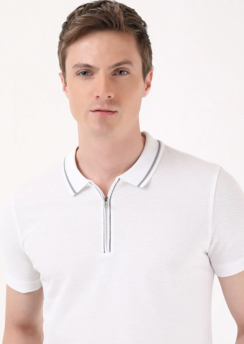 White Jacquard Polo Neck 100% Cotton T-Shirt - 1