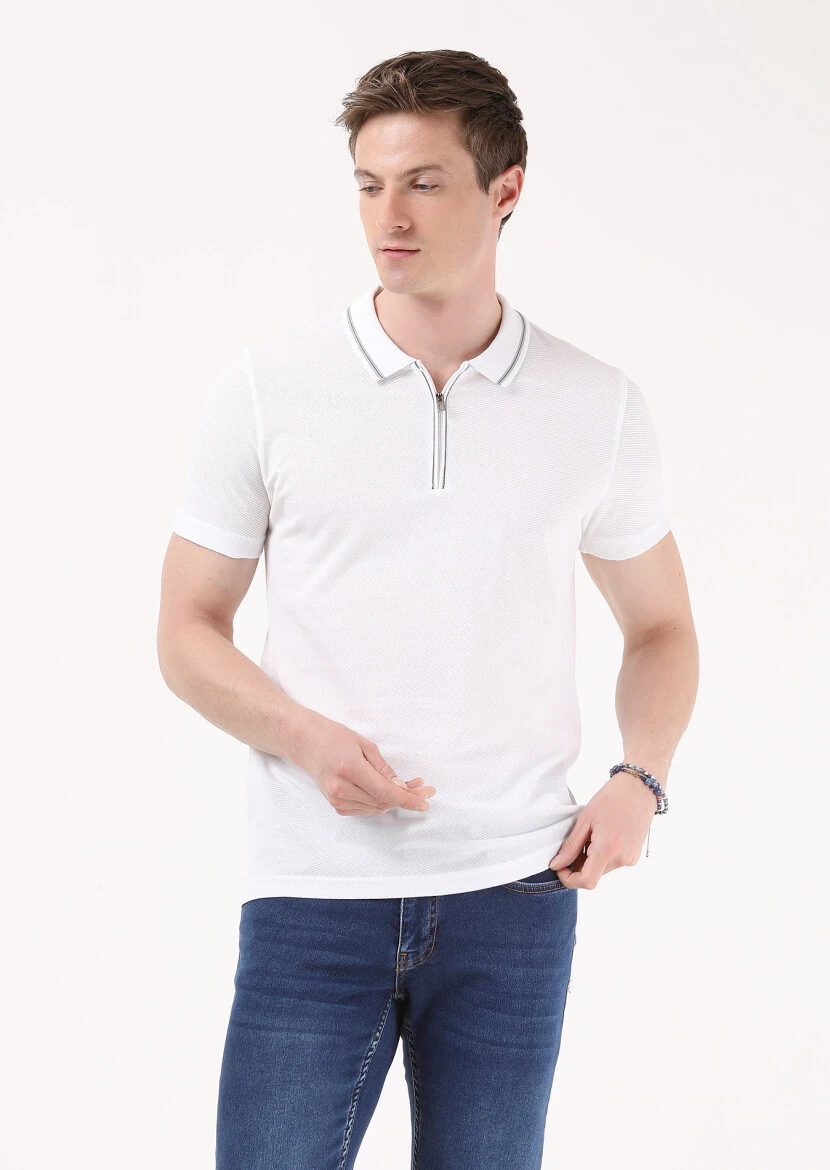 White Jacquard Polo Neck 100% Cotton T-Shirt - 2