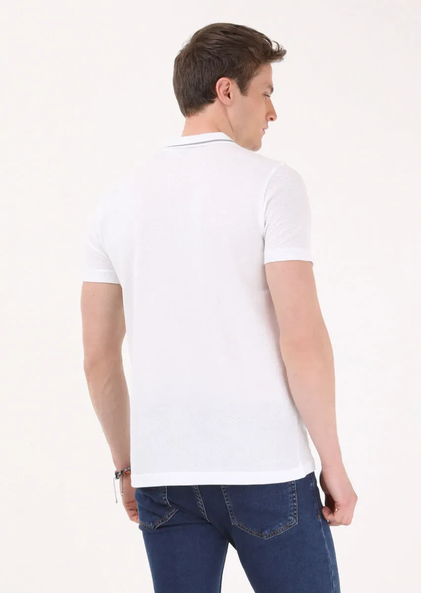 White Jacquard Polo Neck 100% Cotton T-Shirt - 4