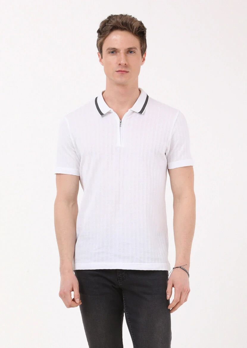 White Jacquard Polo Neck 100% Cotton T-Shirt - 1