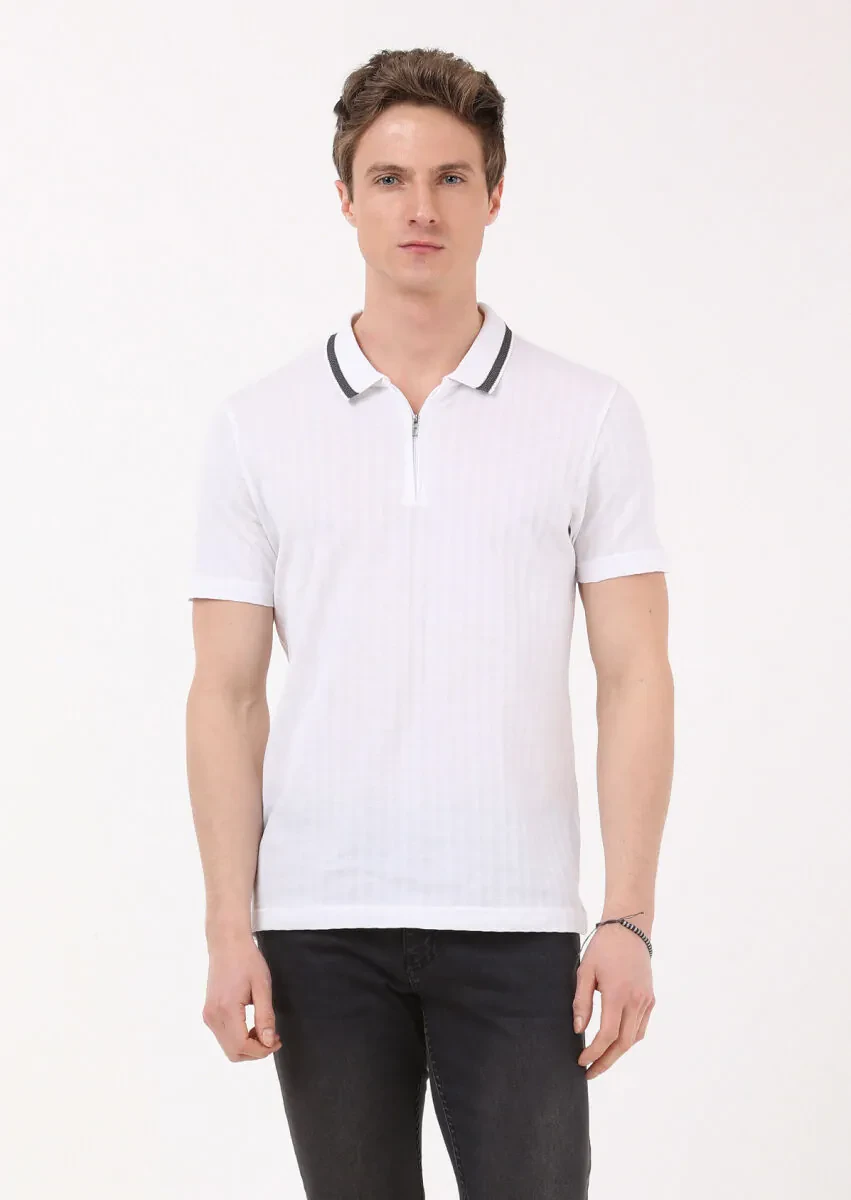 White Jacquard Polo Neck 100% Cotton T-Shirt - 1