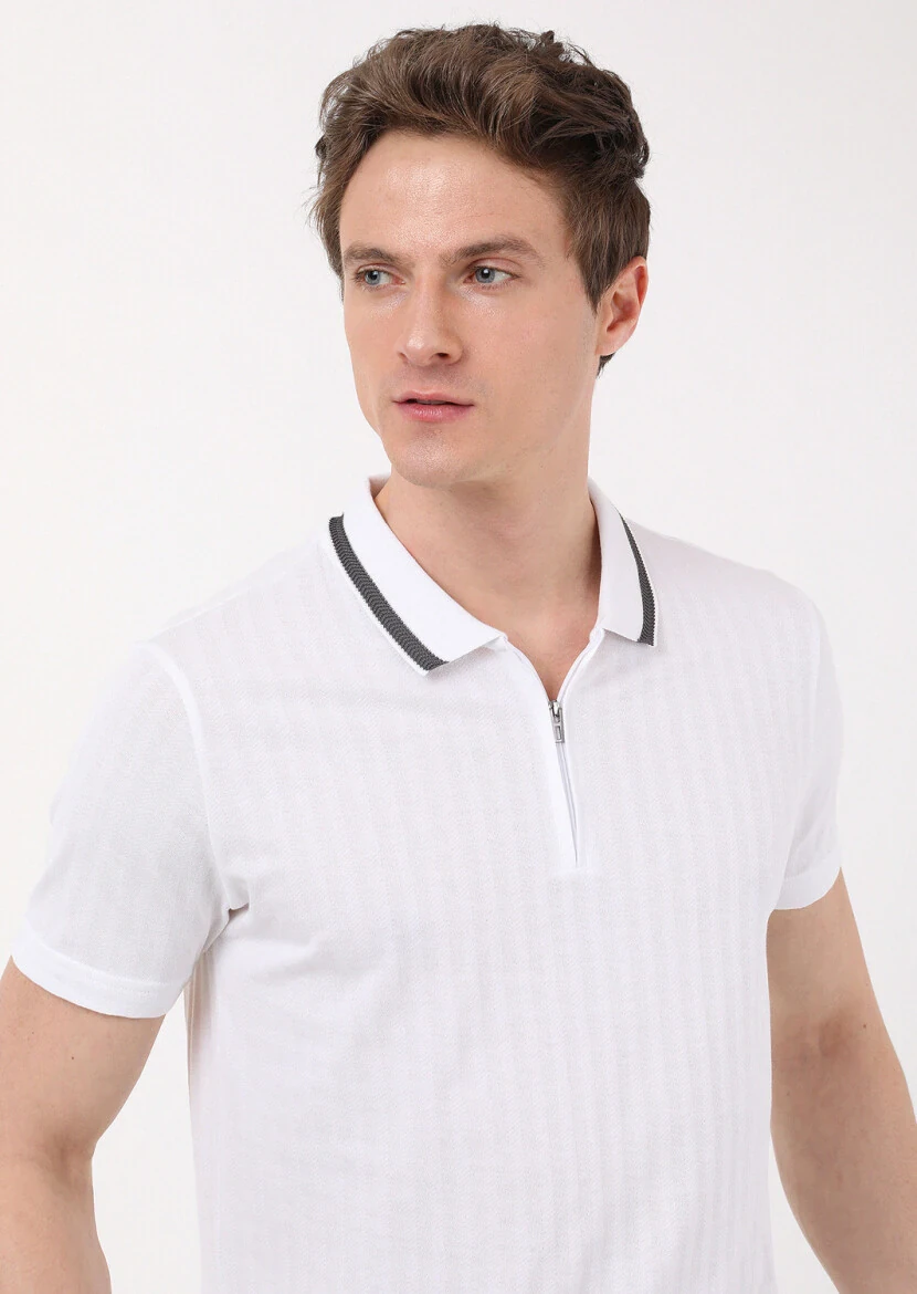 White Jacquard Polo Neck 100% Cotton T-Shirt - 3